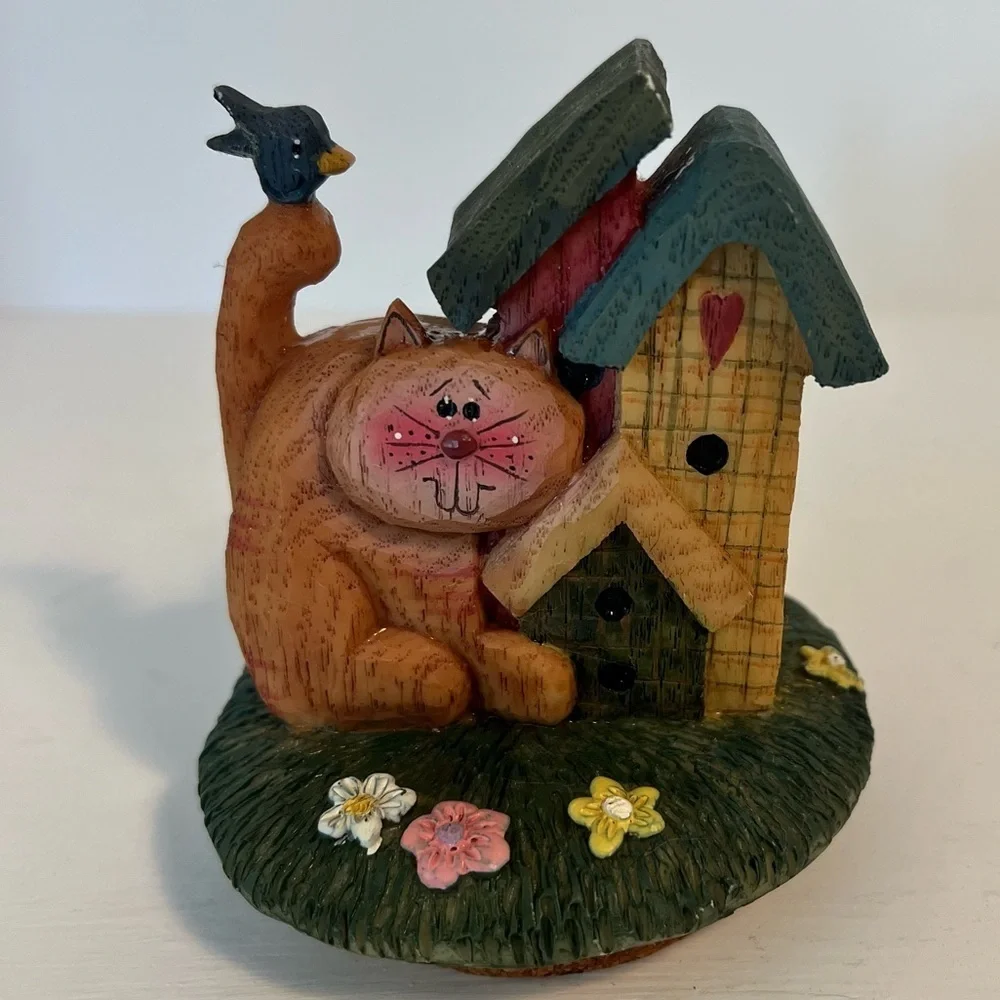 Vintage Orange Cat and Birdhouse Scene Candle Topper